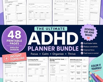 ADHS-Planer für Erwachsene | Arbeitsbuch für exekutive Funktionen | Tagesplaner für Fokus und Produktivität | 48-seitiges PDF zum Ausdrucken