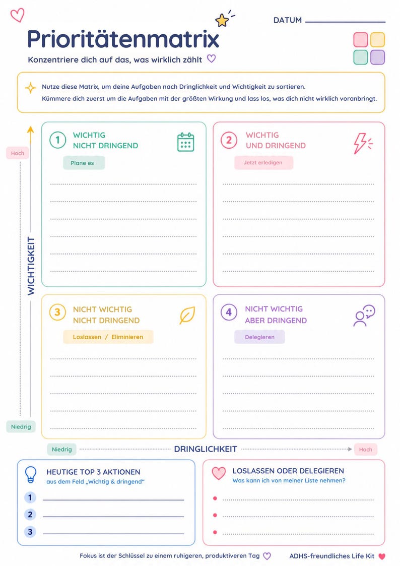 K&ouml;nnte beinhalten: Eine farbenfrohe Priorit&auml;tenmatrix zur Aufgabenverwaltung. Das Design zeigt ein Raster mit Abschnitten f&uuml;r dringende und wichtige Aufgaben. Der Text ist auf Deutsch. Die Matrix soll bei der Organisation von Aufgaben helfen.