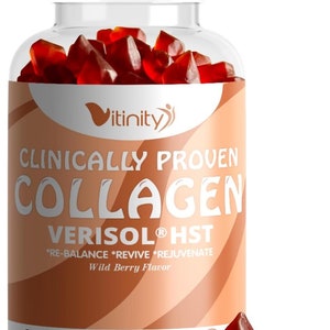 May include: A clear plastic bottle filled with red, heart-shaped gummies. The bottle label reads "Vitinity Clinically Proven Collagen Verisol®HST *RE-BALANCE *REVIVE *REJUVENATE Wild Berry Flavor 90 Gummies Dietary Supplement Non-GMO Dairy-Free Gluten-Free Soy-Free"