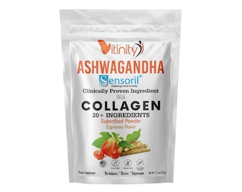VITINITY Super Food Colágeno en polvo con ingrediente CLÍNICAMENTE probado para adultos. (ASHWAGANDHA)