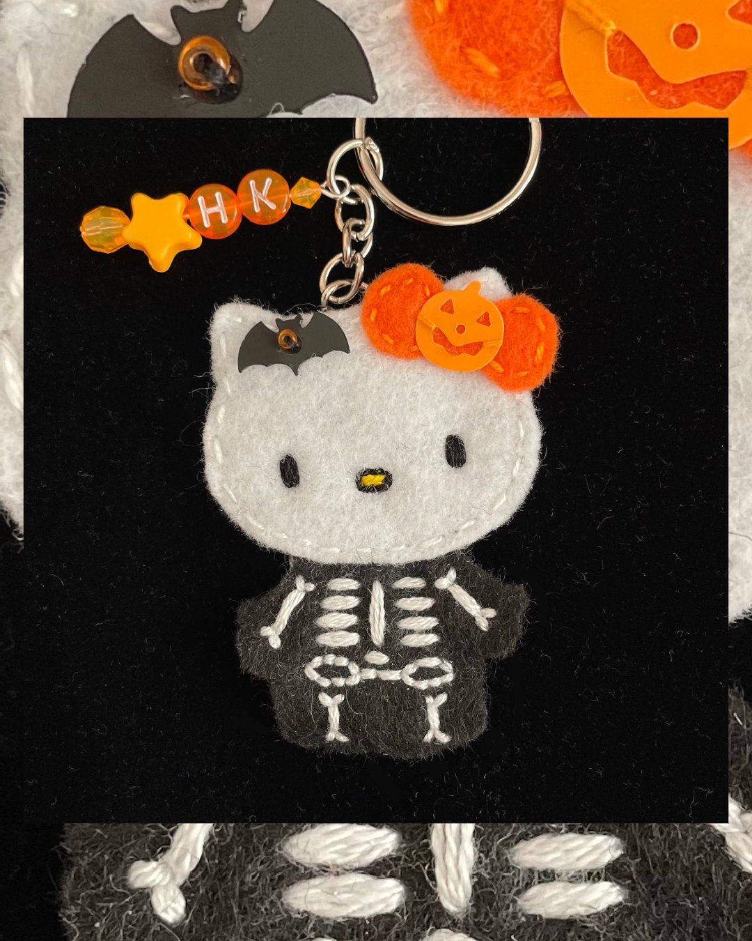 Halloween Hello Kitty Skeleton Handmade Felt Beaded Sequin Keychain