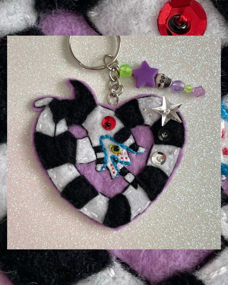Halloween Beetlejuice Sandworm Handmade Felt Beaded Sequin Keychain