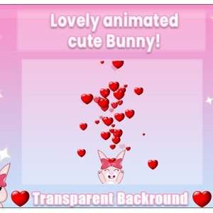 Könnte beinhalten: Animiertes GIF eines niedlichen rosa Kaninchens mit einer roten Schleife, umgeben von roten Herzen auf einem rosa und blauen Farbverlaufshintergrund. Der Text "Lovely animated cute Bunny!" befindet sich oben im Bild und "Transparent Background" unten im Bild.