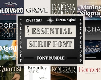 May include: A promotional image for a font bundle featuring various font styles. The central design element is a black rectangle with the text "The Essential Serif Font" and "Font Bundle". Surrounding the central design are examples of different fonts.