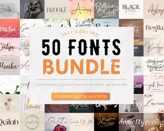 May include: A collage of 50 different font styles, with the text "Introducing 50 Fonts Bundle" in large, bold letters. The fonts are handwritten, elegant, and luxury styles. The text "Commercial Use Allowed" is also included.