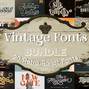 Op de afbeelding: Een verzameling van 20 vintage retro-schrijflettertypen in een bundel. De lettertypen worden in verschillende stijlen en kleuren weergegeven op een houten achtergrond met de tekst "Vintage Fonts Bundle 20 Retro Script Fonts EurekaDigital".
