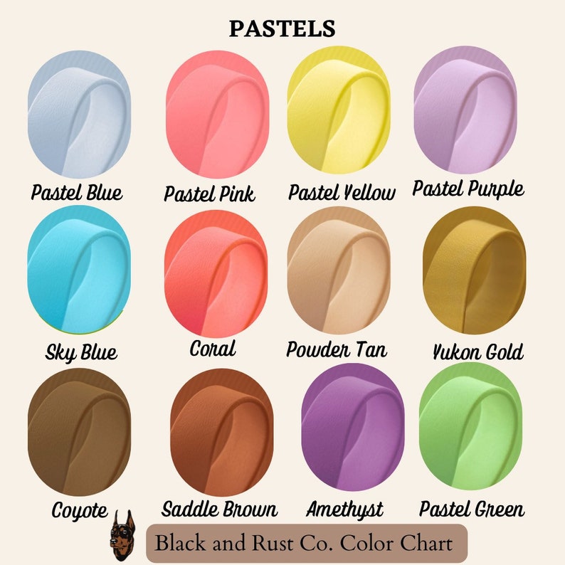 May include: Color chart with 12 different shades of pastel and brown colors. The colors are arranged in three rows of four circles each. The colors are labeled with their names, such as Pastel Blue, Sky Blue, Coral, Powder Tan, Yukon Gold, Coyote, Saddle Brown, Amethyst, and Pastel Green. The chart is titled "PASTELS" and has the text "Black and Rust Co. Color Chart" at the bottom.