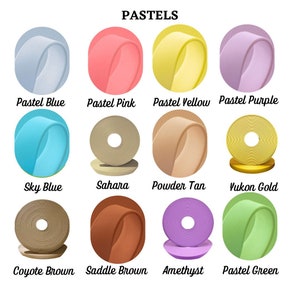 May include: A chart of 12 different colored fabric samples, labeled with names like "Pastel Blue", "Sky Blue", "Sahara", "Powder Tan", "Yukon Gold", "Coyote Brown", "Saddle Brown", "Amethyst", and "Pastel Green".