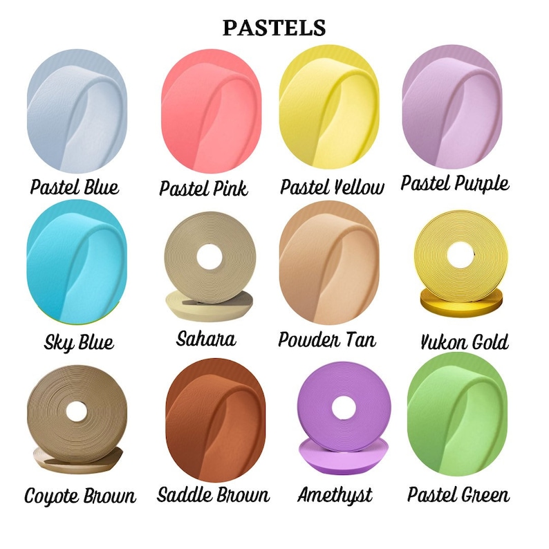 May include: A chart of 12 different colored fabric samples, labeled with names like "Pastel Blue", "Sky Blue", "Sahara", "Powder Tan", "Yukon Gold", "Coyote Brown", "Saddle Brown", "Amethyst", and "Pastel Green".