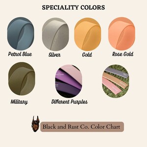 May include: Color chart for leather straps showing various colors including petrol blue, silver, gold, rose gold, military green, and different shades of purple. The chart is titled "Speciality Colors" and "Black and Rust Co. Color Chart".