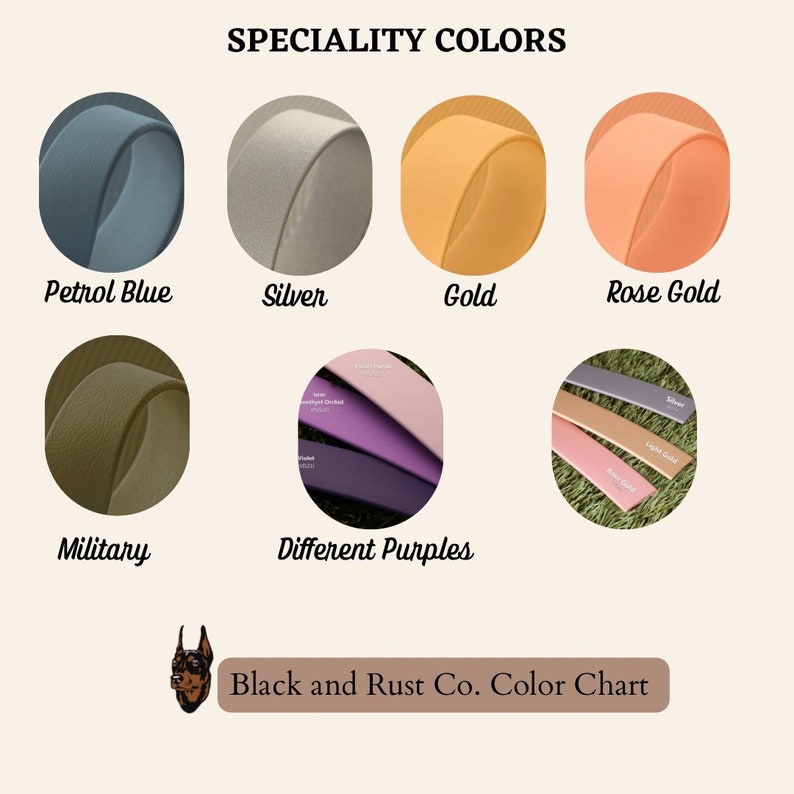 May include: Color chart for leather straps showing various colors including petrol blue, silver, gold, rose gold, military green, and different shades of purple. The chart is titled "Speciality Colors" and "Black and Rust Co. Color Chart".