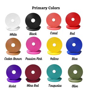 May include: A chart showing 12 different colors of fabric ribbon, labeled with the color name. The colors are: white, black, coral, red, cedar brown, passion pink, yellow, blue, violet, wine red, turquoise, and olive.