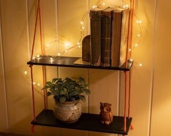 Hanging bookcase • Floating wooden bookcase • Space-saving rope shelf for paperbacks • Gift for book lovers