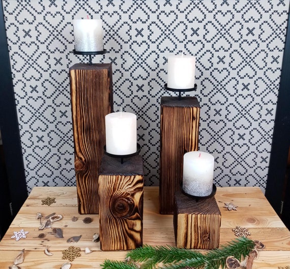 Kerzenhalter aus Kiefernholz, rustikal abgeflammt & satiniert, für Stumpenkerzen, einzigartiges Wohnaccessoire, Geschenk für viele Anlässe