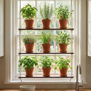 Könnte beinhalten: Ein dreistufiges hängendes Fensterregalsystem aus dunklen Holzbrettern, die an dicken weißen Seilen befestigt sind. Neun Terrakottatöpfe mit verschiedenen grünen Kräutern sind in drei Reihen angeordnet, jeweils mit einem kleinen Holzschild.