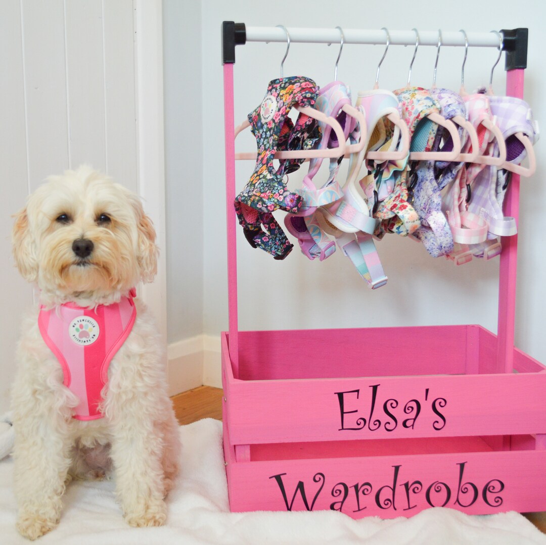 Pink Dog Wardrobe, Dog Harness Storage, Dog Closet, Dog Clothing