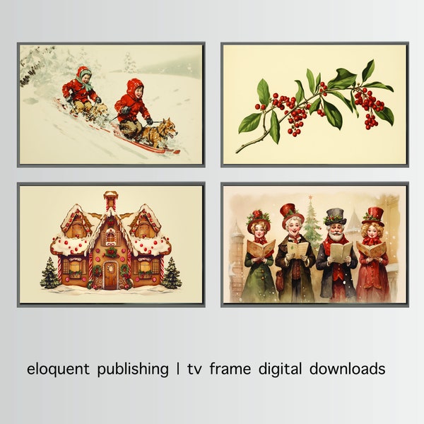 tv frame art | set of 4 | winter wonderland collection | christmas | toboggan, dogs, mistletoe, gingerbread house, carolers