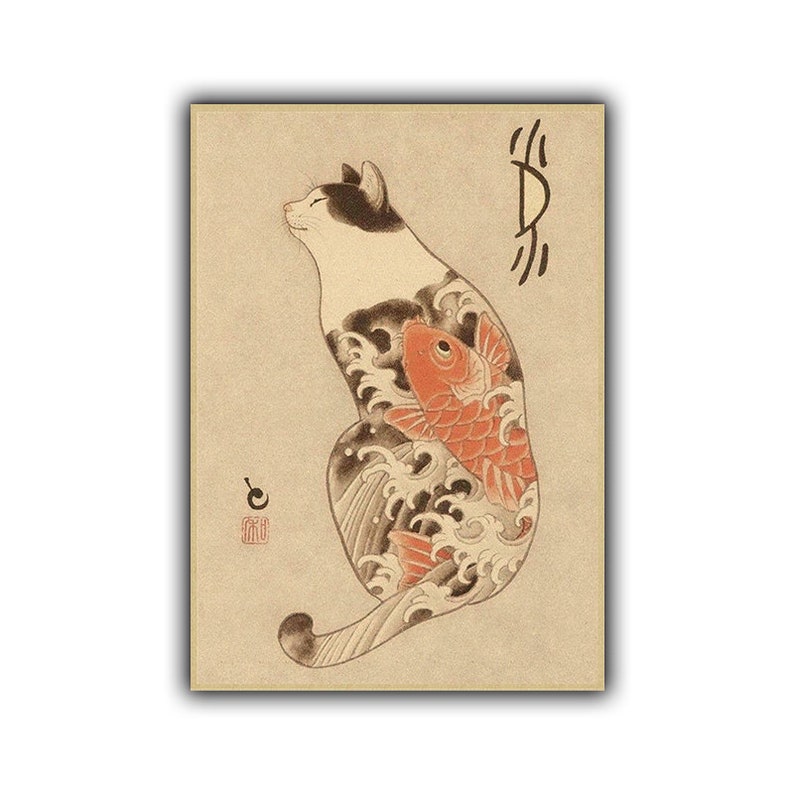 Retro Art Japanese Style Cat Canvas Painting Living Room Etsy