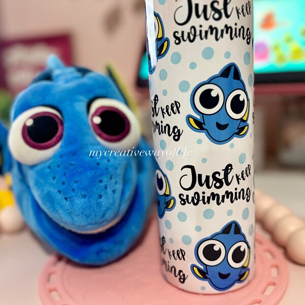 Dory Just keep Swimming 20oz Skinny Tumbler, Retro Inspired Tumbler, Sublimated Tumbler, Gift for kids, Under the Sea themed, Fish PNG