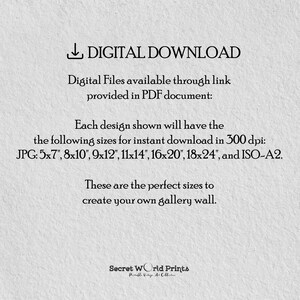 May include: Digital download information for printable art prints. The text states that the files are available through a link provided in a PDF document. The available sizes are listed in inches: 5x7, 8x10, 9x12, 11x14, 16x20, 18x24, and ISO-A2.