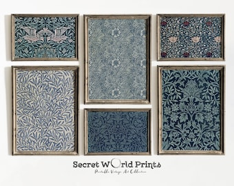 May include: Six framed prints with different blue and white floral patterns. The prints are arranged in a grid pattern on a white wall. The text "Secret World Prints" is at the bottom of the image.