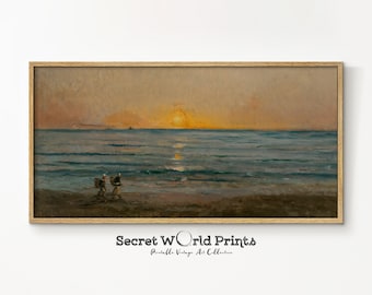 Panoramic Vintage Sunset Oil Painting | Long Narrow Antique Landscape Print | Seascape Wall Art | Panoramic Landscape DIGITAL DOWNLOAD