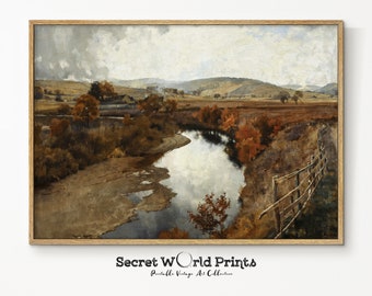 Może przedstawiać: Wizerunek vintage przedstawiający rzekę wijącą się przez dolinę z drewnianym płotem wzdłuż brzegu. Rzeka odbija pochmurne niebo i wzgórza w oddali. Drzewa są głównie brązowe i nagie, ale niektóre mają czerwone liście.