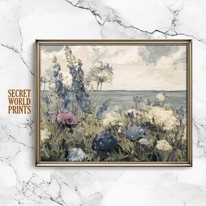 Vintage Seaside Wildflowers Oil Painting Print, Coastal Floral Landscape Wall Art, Cottagecore Digital Download, Beach Home Decor, M-178-S