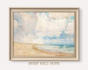 Vintage Beach Watercolor Print, Pastel Coastal Seascape (Digital Download)