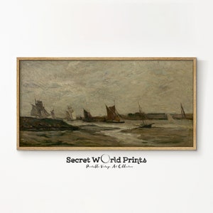 Long Landscape Painting Wall Art | Panoramic Seascape Oil Painting | Narrow Horizontal Prints | Muted Above Bed | Neutral Digital Download