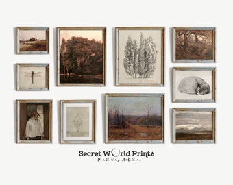 May include: A gallery wall of 10 framed prints in a rustic style. The prints feature a variety of subjects, including landscapes, animals, and abstract designs. The frames are all a light blue colour with a distressed finish.