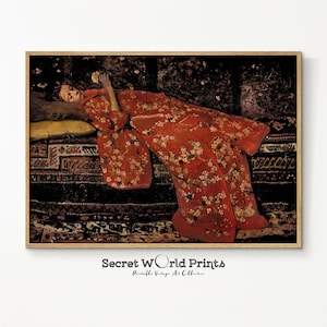 Peinture à l'huile de portrait antique | Fille en kimono rouge | art mural de portrait de femme vintage | Impression de portrait victorien | TÉLÉCHARGEMENT NUMÉRIQUE Imprimable