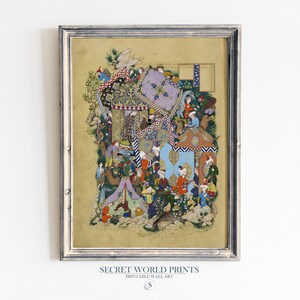 May include: A colorful and intricate Persian miniature painting depicting a bustling scene with many figures in elaborate clothing and a variety of architectural elements. The painting is framed in a simple, light gray frame.