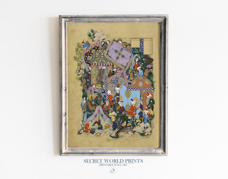 May include: A colorful and intricate Persian miniature painting depicting a bustling scene with many figures in elaborate clothing and a variety of architectural elements. The painting is framed in a simple, light gray frame.