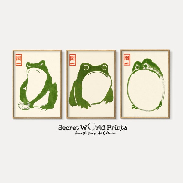 Matsumoto Shoji Japanese Art Frog Set of 3 Prints | Vintage Japanese Frog woodblock Gallery Wall Set prints | Wabi sabi Printable wall art