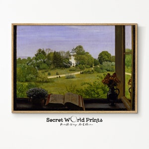 Spring View From Window Painting | Spring Wall Art | Spring Landscape Print | Printable Moody Spring Painting Digital Download