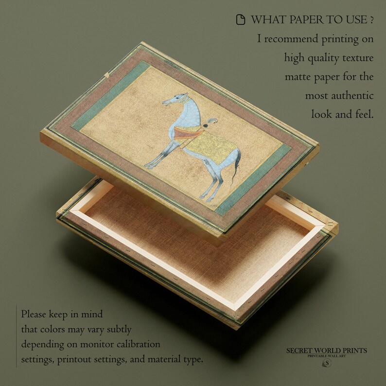 May include: A framed print of a blue horse with a yellow saddle and bridle, set against a beige background. The frame is made of wood with a brown, green, and beige color scheme. The print is titled "Secret World Prints" and includes the text "Printable Wall Art".