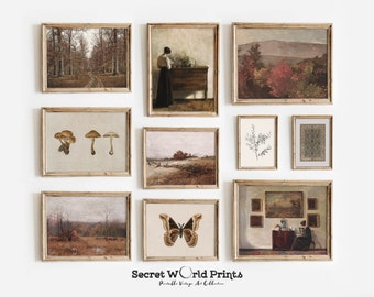 May include: A gallery wall featuring 10 framed prints with various nature and vintage themes. The prints include a forest scene, a woman in a room, a landscape with red trees, mushrooms, a butterfly, a field, a floral sprig, a patterned design, and a woman in a room with a table and chairs. The prints are all in brown tones and have a vintage aesthetic.