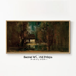 Vintage Panoramic Farmhouse Oil Painting | Long Printable Narrow Wall Art | Antique Landscape Painting Digital Download