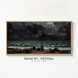 Moody Panoramic Seascape Wall Art | Vintage Dark Scenery Painting | Long Narrow Above Bed Print | DIGITAL DOWNLOAD