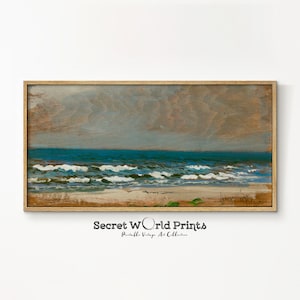 Pittura costiera orizzontale lunga / Arte murale panoramica / Pittura a olio vintage sulla spiaggia / Stampa di paesaggi marini antichi / Download digitale arte sopra il letto