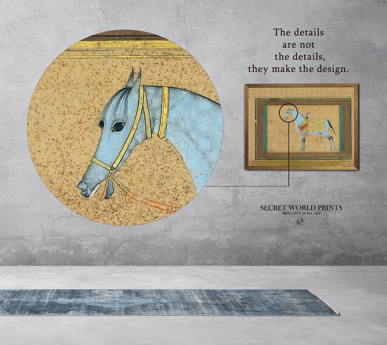 May include: A close-up of a blue horse's head with a yellow bridle and orange reins. The horse is depicted in a traditional Indian miniature painting style. The text "The details are not the details, they make the design." is displayed above the image.