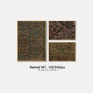 May include: Three framed prints of vintage patterned rugs in shades of brown, green, and blue. The prints are arranged in a row, with the top print being the largest and the bottom print being the smallest. The prints are all framed in a simple wooden frame.