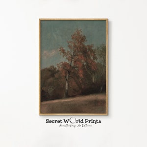 Printable Vintage Autumn Landscape | Fall Trees Painting Print | Country Farmhouse Wall Decor | Rustic Landscape Digital Download | AT-40