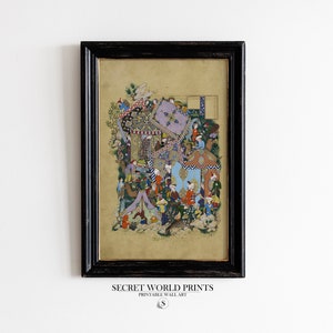 May include: A framed print of a colorful Persian miniature painting depicting a bustling scene with many figures and intricate details. The painting is set against a light beige background and framed in a black wood frame.