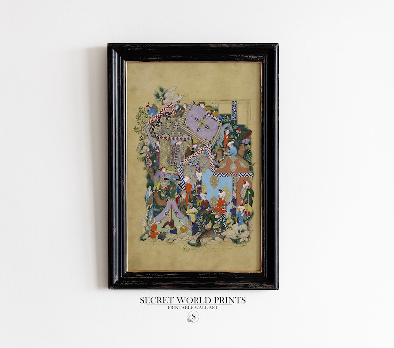 May include: A framed print of a colorful Persian miniature painting depicting a bustling scene with many figures and intricate details. The painting is set against a light beige background and framed in a black wood frame.