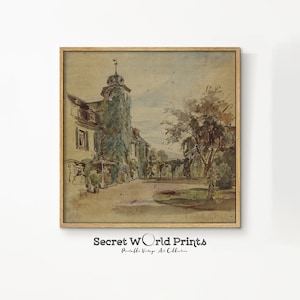 Square Landscape Printable Wall Art | Watercolor Painting | Vintage Landscape Digital Download | Warm Tone Print | Square Antique Printable
