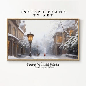 Quadro de pintura de cidade de inverno TV Art | Natal Samsung Frame TV Download | Arte de cenário de inverno neutro vintage | FTV-27