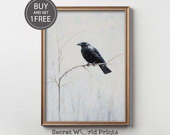May include: A framed print featuring a black crow perched on a bare branch against a soft, textured background. The artwork is in a gold frame and includes the text "BUY AND GET 1 FREE" and "Secret World Prints".