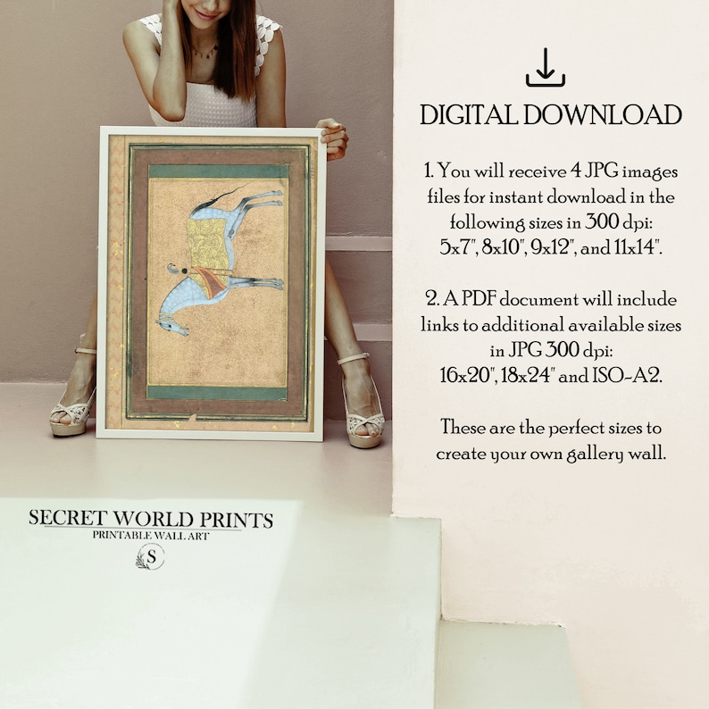 May include: A digital download of a printable art print featuring a traditional Indian painting of a horse in a light blue, white, and brown color scheme. The print is available in multiple sizes, including 5x7 inches, 8x10 inches, 9x12 inches, and 11x14 inches.
